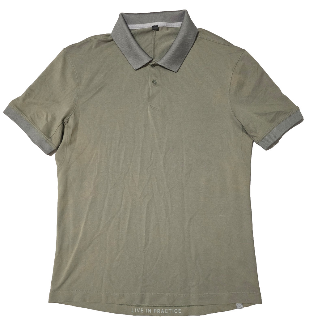 Lululemon Men's Short Sleeve Polo Olive Green Gray Collar LIVE IN PRACTICE SZ L